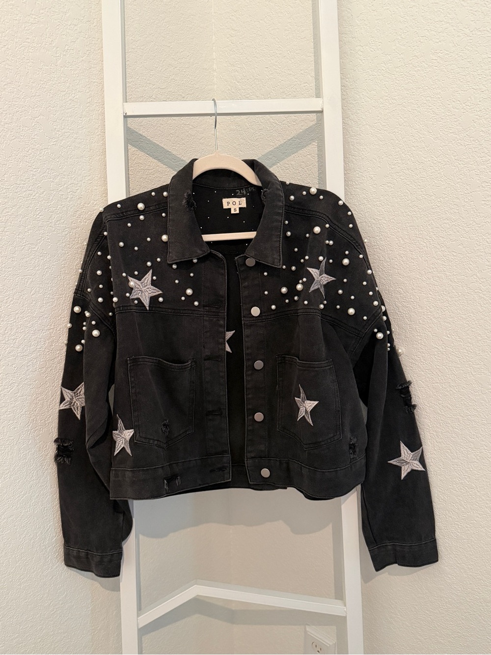 POL Black Pearl & Star Embellished Denim Jacket